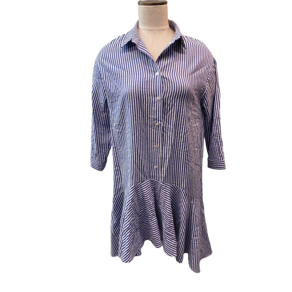 Everly Blue and White Tunic‎ Style Dress with Ruffle along Bottom